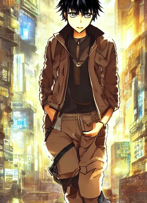 Prompt: manga cover, black-haired short-haired indian teenager wearing a brown jacket, middle-parted hair, intricate cyberpunk city, emotional lighting, character illustration by tatsuki fujimoto