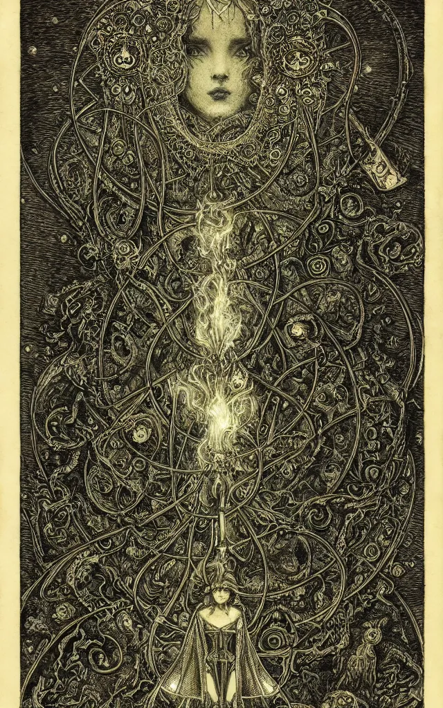 Image similar to tarot card of hecate the gloomy and beautiful goddess of witchcraft, torches, ancient keys, smokes, gustave dore, franklin booth, andrey remnev, black paper, etching, engraving, intricate line work, green line work details, mandelbulb fractal, portrait, trending on artstation, exquisite details, risography print, 4 k, 4 k