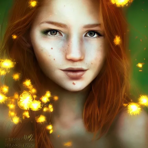 Image similar to highly detailed sharp wallpaper portrait of a red haired girl softly smiling among fireflies, with long hair, green eyes, round face, hint of freckles, intricate details, dramatic light, golden ratio, hyper realistic digital art