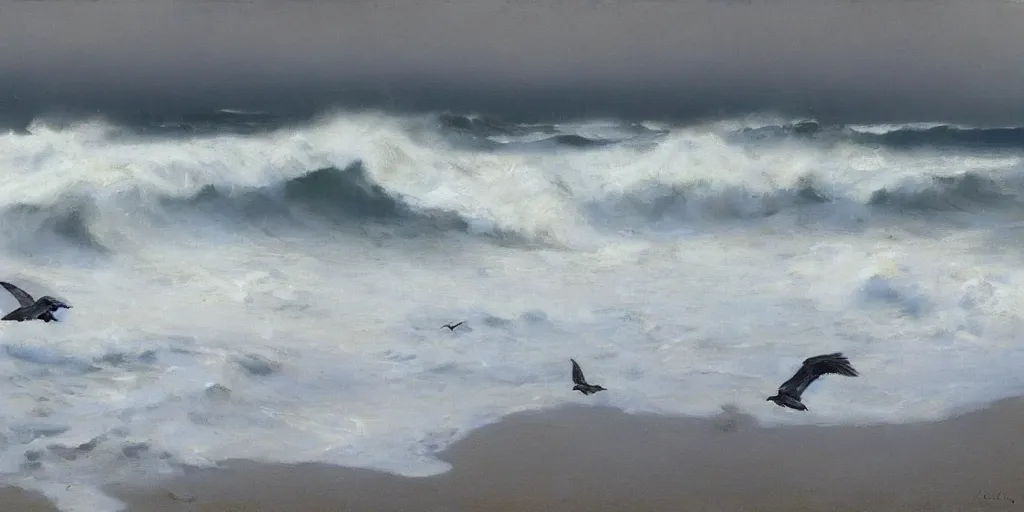 Image similar to storm, grey clouds, seagulls above a rough surf, jeremy lipking