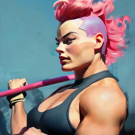 Image similar to greg manchess portrait of margot robbie as thick very muscular weightlifter zarya from overwatch with ponytail and curly pink hair, eyes closed, medium shot, asymmetrical, profile picture, organic painting, sunny day, matte painting, bold shapes, hard edges, street art, trending on artstation, by huang guangjian and gil elvgren and sachin teng