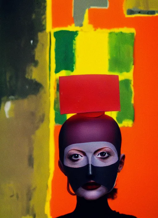 Prompt: a fashion portrait photograph of a woman wearing a plastic mask designed by mark rothko, 3 5 mm, color film camera,