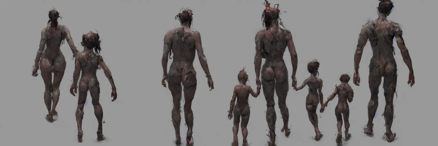 Image similar to family walk cycle, realistic deformed family walking while wearing a thong, character sheet, fine details, concept design, contrast, kim jung gi, greg rutkowski and francis bacon, trending on artstation, 8 k, full body and head, turnaround, front view, back view, ultra wide angle