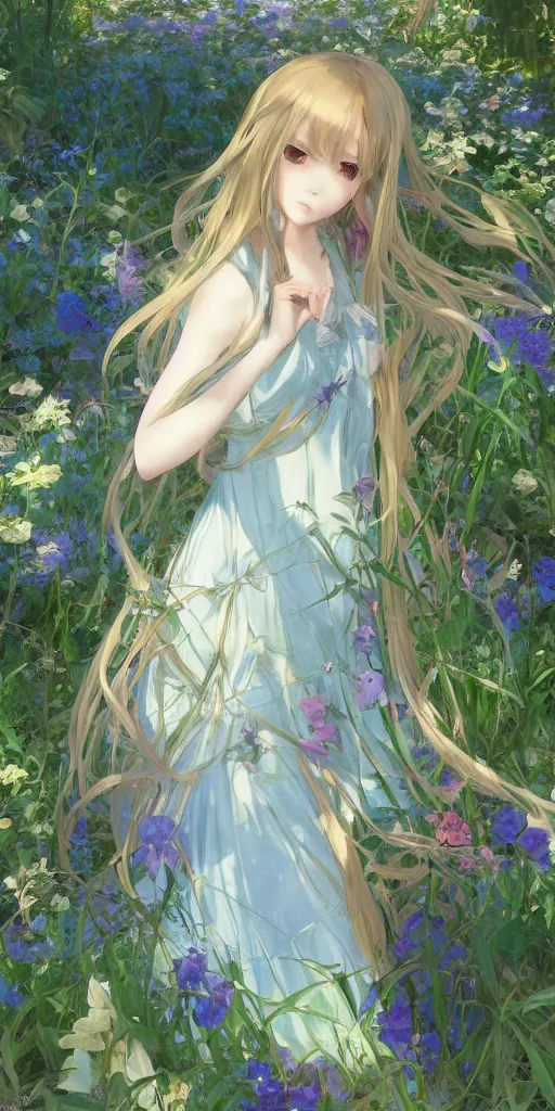 Image similar to a digital art of a loli with long hair in a dress in the privet garden at after noon, green and warm theme, blue accents, by krenz cushart and mucha and akihito yoshida and greg rutkowski and makoto shinkai, low angle, back lighting, detailed eyes, 4 k resolution, trending on art station