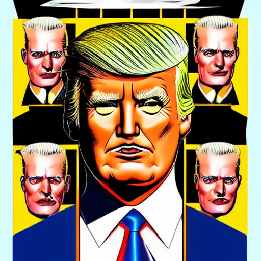 Image similar to character portrait inspired by max headroom and donald trump, digital art work made by brian bolland, highly detailed macabre face, realistic