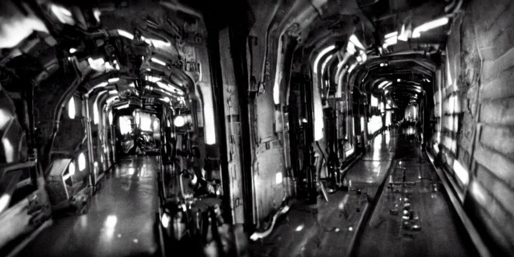Prompt: a tight shot of a dark Alien ship interior corridor by Ridley Scott, high contrast, Aliens movie, grainy, moody, dark, bleak, ARRIFLEX 35 III Camera