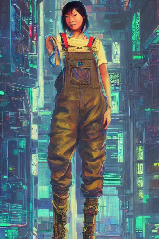 Image similar to a full body illustration of an asian female cyberpunk character wearing dungarees, highly detailed, oil on canvas, soft lighting, neon pastel colors, by Jean Giraud, HD, 4K