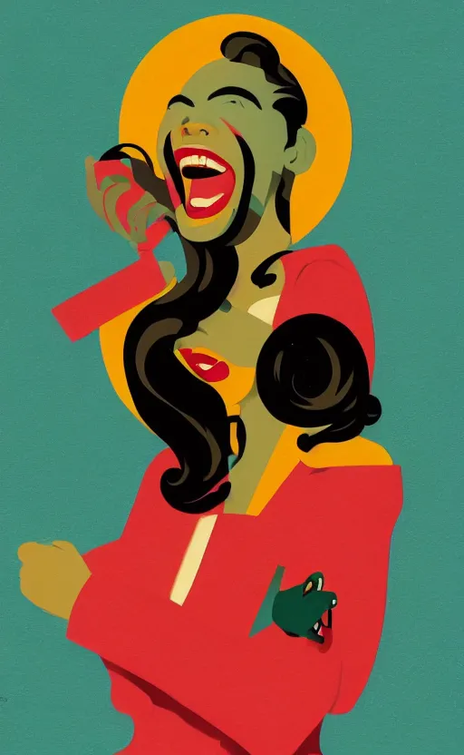 Image similar to illustration portrait of a woman laughing out loud, art deco painting by tom whalen, funny meme photo, trending on behance, digital illustration, storybook illustration, grainy texture, flat shading, vector art, airbrush, pastel, watercolor, poster