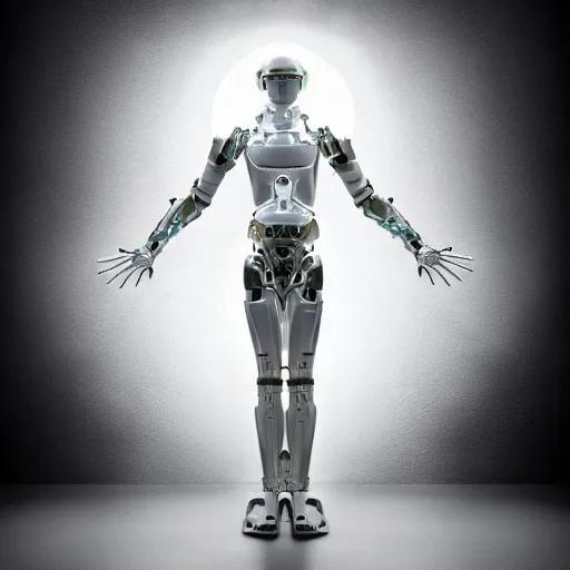 Image similar to beautiful centered fine art photo of man on cross as a solarpunk robotic humanoid, white mechanical parts with led lights, bouguereau style pose, photorealistic, white background, highly detailed and intricate, soft box lighting, hdr 8 k