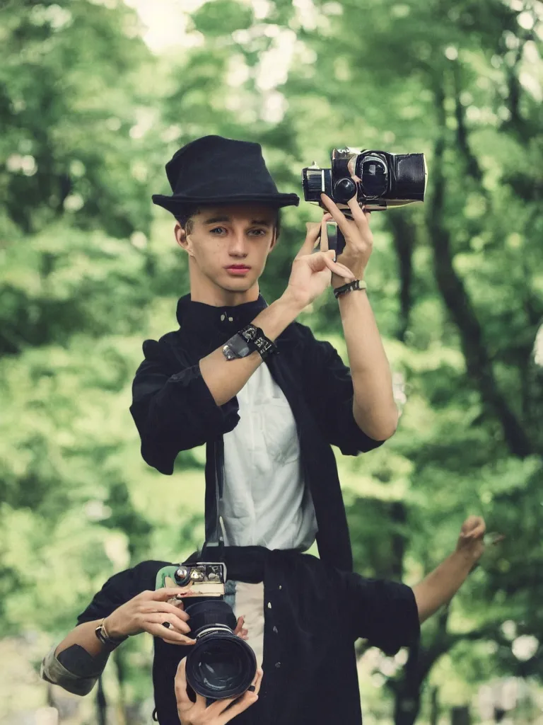 Image similar to slim young man with dark curly hair wearing a black artists beret, a green shirt, black trousers, taking a photo with his 35mm camera in a park highly lomo bright colours vintage