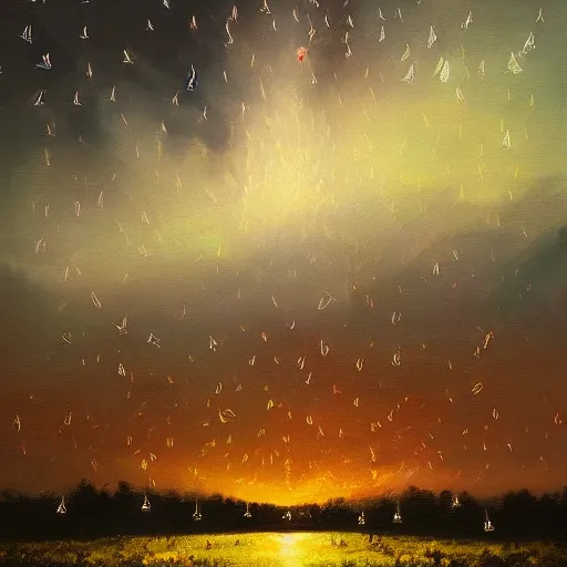 Prompt: a man receiving a thousand hugs from ten thousand lightning bugs, beautiful painting, twilight, sunset, artstation