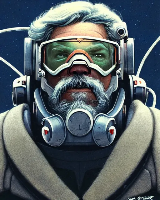 Image similar to winston from overwatch, josh brolin, gray hair and beard, character portrait, portrait, close up, concept art, intricate details, highly detailed, vintage sci - fi poster, retro future, in the style of chris foss, rodger dean, moebius, michael whelan, and gustave dore