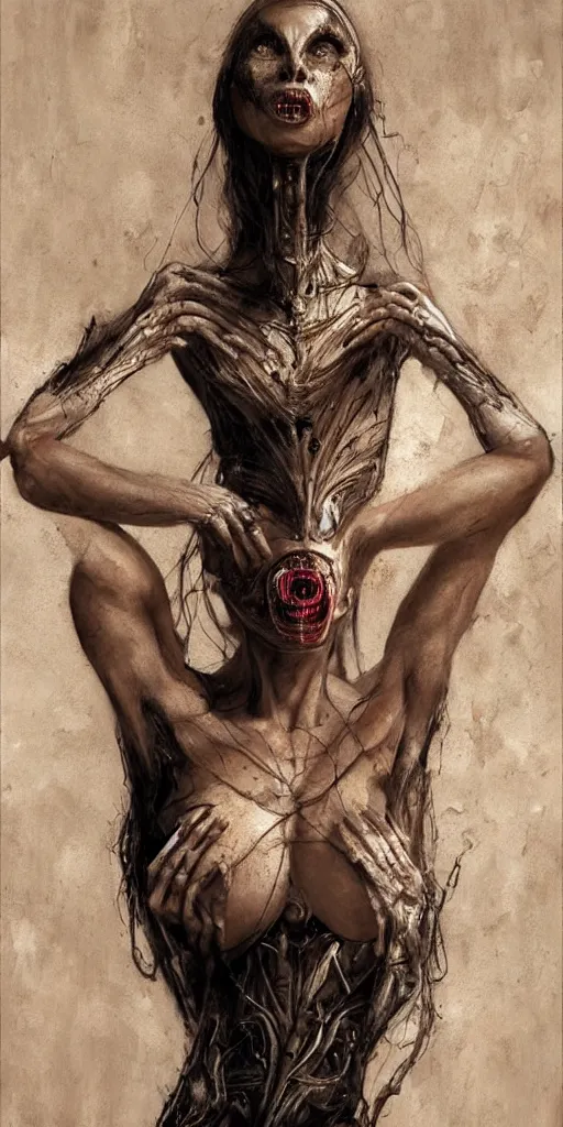 Prompt: surreal portrait of a salsa dancing woman by Greg Rutkowski and H.R Giger, Vincent Di Fate, cyborg of old age, symmetrical, hair as wires, haunting appearance, pale as marble, biomechanical and intricate, photo, empty and uncany expression, seducing, frightening, space horror, fascinating, highly detailed portrait, digital painting, artstation, concept art, smooth, sharp focus illustration, duo tone, HQ.