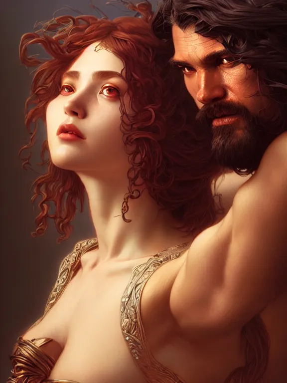 Prompt: samson and delilah, coveted, beautiful and aesthetic, intricate, unreal engine, messy hair, highly detailed, detailed face, smooth, sharp focus, chiaroscuro, renaissance illustration, artgerm, greg rutkowski, ilya kuvshinov, rossdraws, alphonse mucha, young adult light novel cover art