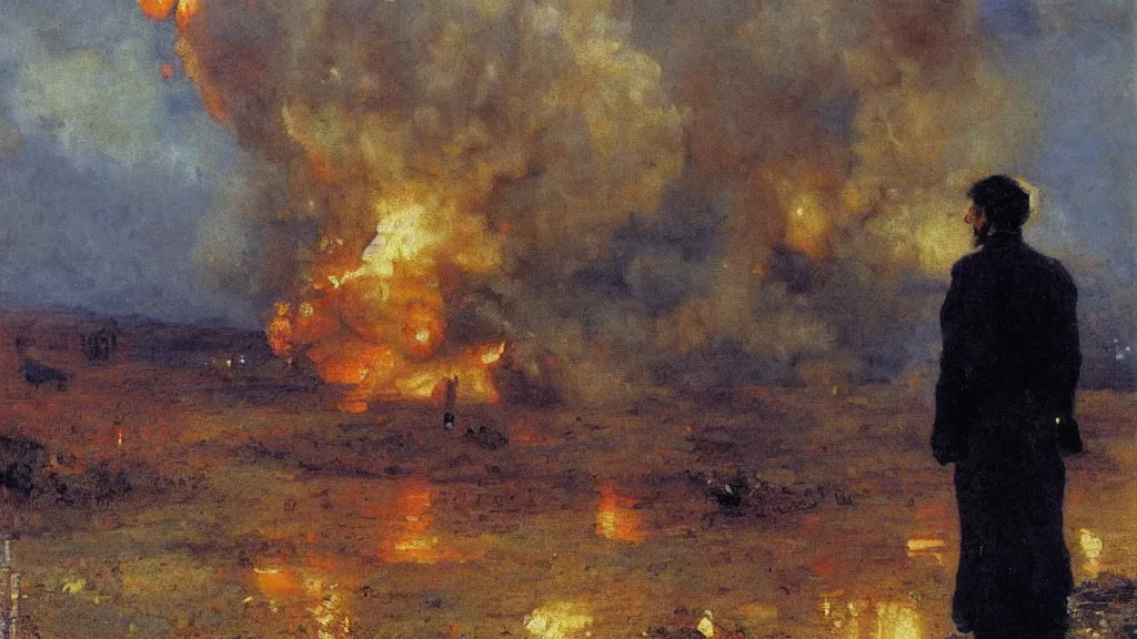 Image similar to high quality high detail painting by ilya repin, man standing in front of huge explosion, hd