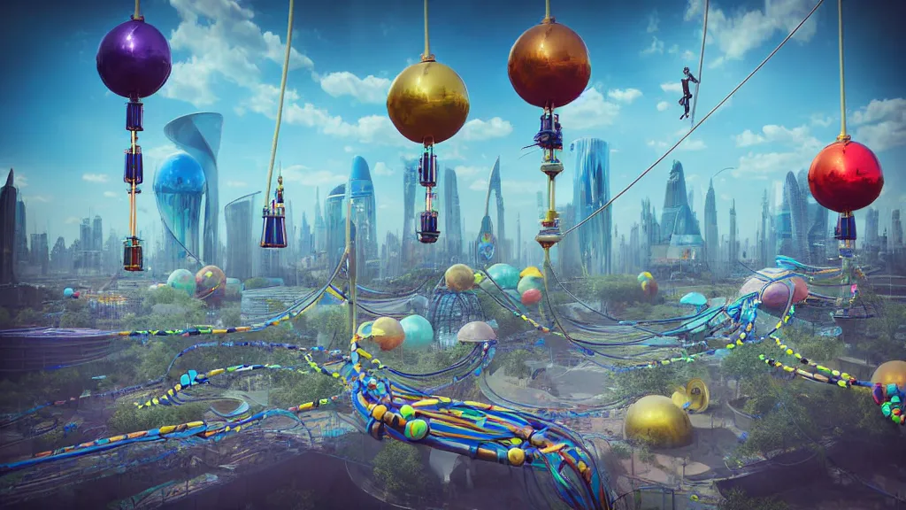 Prompt: large colorful futuristic space age metallic steampunk balloons with pipework and electrical wiring around the outside, and people on rope swings underneath, flying high over the beautiful futuristic city landscape, professional photography, 8 0 mm telephoto lens, realistic, detailed, digital art, unreal engine