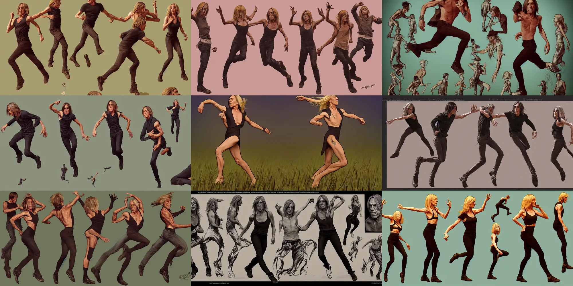 Prompt: iggy pop running and dancing in a field, character sheet, character design, contrast, deep focus, turnaround, highly detailed, dramatic lighting, digital painting, artstation, concept art, matte, sharp focus, illustration, elegant, art by artgerm and greg f and alphonse mucha.