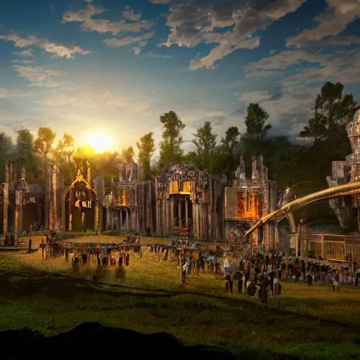 Image similar to diorama of an elaborate outdoor theater complex, cinematic concept art, godrays, golden hour, natural sunlight, 4 k, clear details