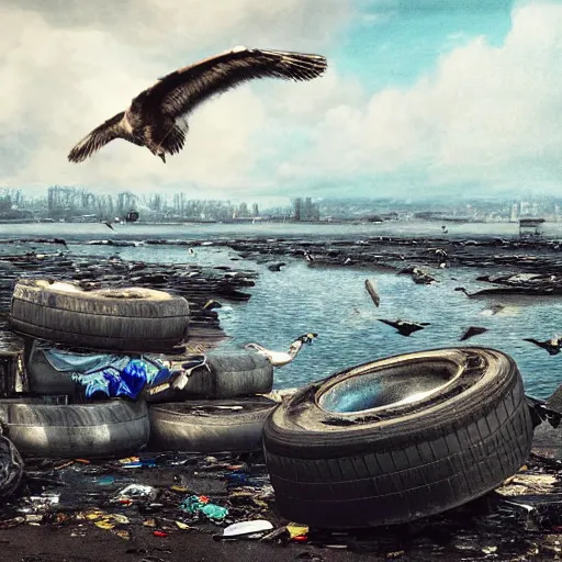 Prompt: on water, enormous huge islands of tyres and garbage floating, seagulls flying in the forecasted sky, dramatic light, post apocalyptic, rainy weather, wet,highly detailed, wide shot, 8K mate painting, concept