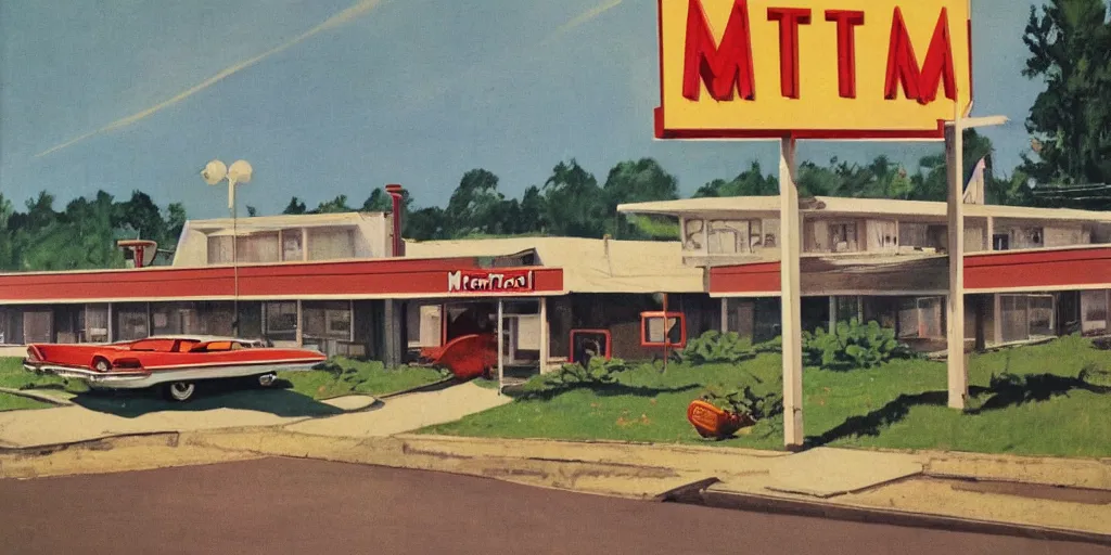 Prompt: 1 9 6 0 s americana painting of a motel and motel sign with a car parked outside by norman rockwell, panovision