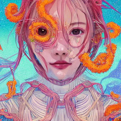 Prompt: the face of a ridiculously beautiful and cute japanese girl partially made of onion rings of all colors looking down, an ultrafine detailed illustration by james jean, final fantasy, intricate linework, bright colors, angular, altermodern, unreal engine 5 highly rendered, global illumination, radiant light, detailed and intricate environment