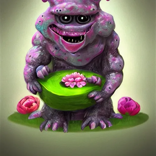 Prompt: small cute monster holding flower, concept art, detailed