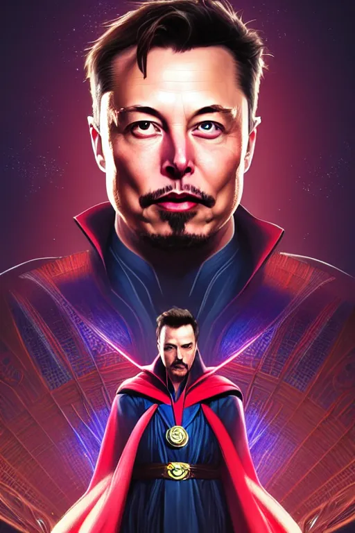 Image similar to elon musk as dr strange, realistic portrait, symmetrical, highly detailed, digital painting, artstation, concept art, smooth, sharp focus, illustration, cinematic lighting, art by artgerm and greg rutkowski and alphonse mucha