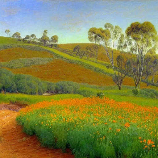 Image similar to a painting of a dirt road surrounded by eucalyptus trees and california golden poppies, woodland hill in the distance. an oil painting by Julian Onderdonk, green orange violet triadic color palette, featured on deviantart, australian tonalism, pre-raphaelite, impressionism, detailed painting