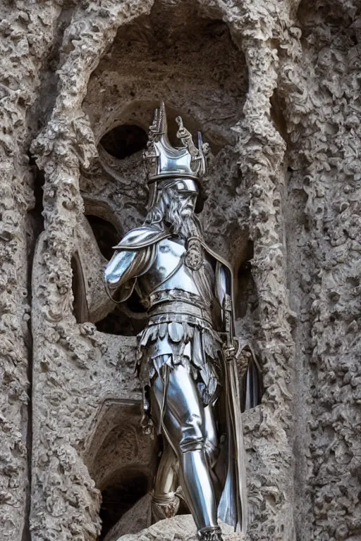 Image similar to a cinematic view of a ornated intricate gothic sacred statue of saint george made in light concrete, with few ornaments in shiny polished chrome, sculpted by gaudi