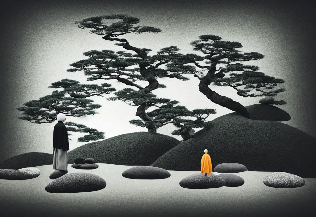 Prompt: a lone priest raking stones in a zen garden kyoto, japan, a collage painting, in the style of wes anderson, lola dupre, david hockney, isolated on negative white space background dark monochrome fluorescent neon spraypaint accents volumetric octane render