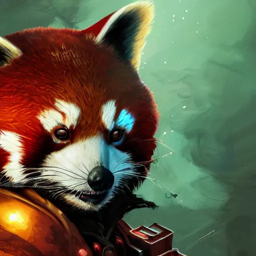 Image similar to red panda as warhammer 4 0 0 0 0 character, digital illustration portrait design, by android jones and greg rutkowski, retrowave color scheme, detailed, cinematic lighting, wide angle action dynamic portrait