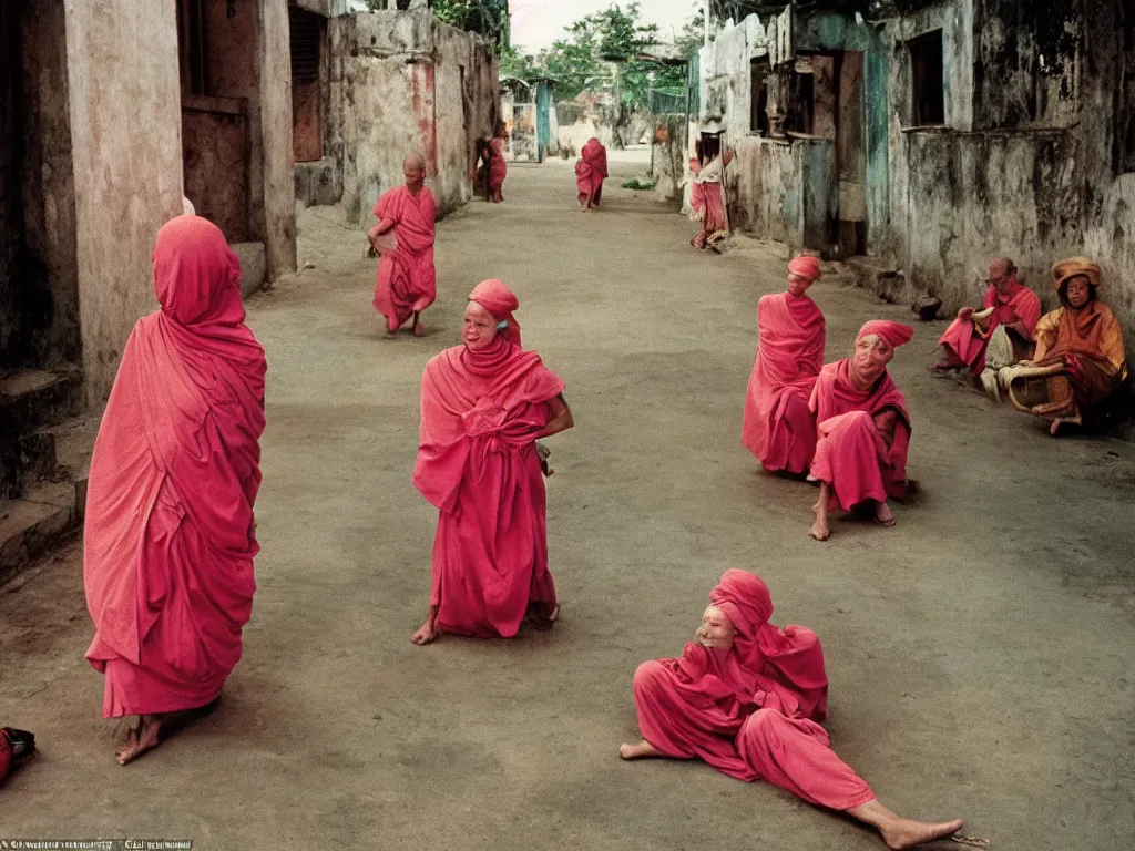 Image similar to 3 5 mm photography taken by harry gruyaert, pink monks in vietnam, sun and shadows, 1 9 7 0 s kodachrome colour photo