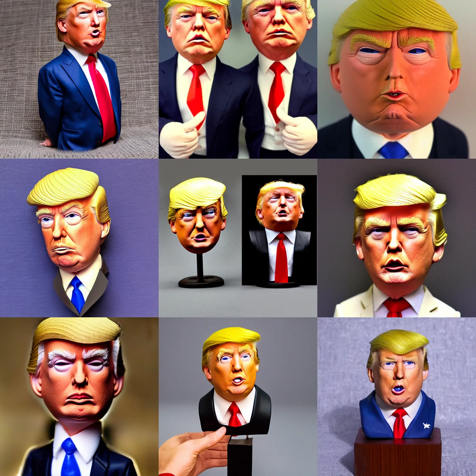 Prompt: donald trump !!! very extremely realistic!!! extreme likeness!!! smooth specular clay! extremely close smooth specular sculpted headshot of donald trump clay puppet , soft light, on wooden table. style: claymation puppet kids clay , by guldies