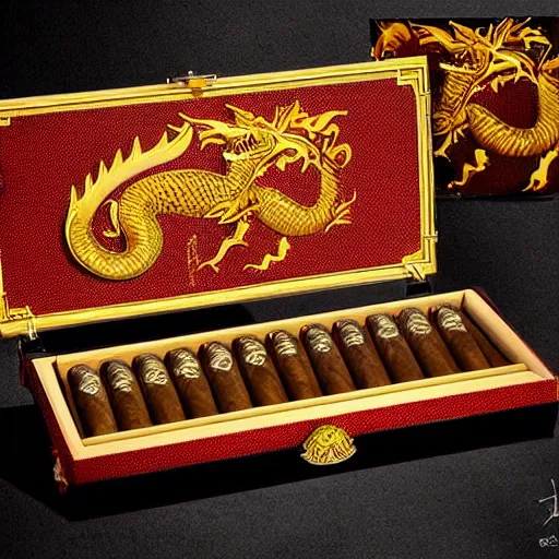 Image similar to digital art of the most rare and quality rich dragon themed cigar set you could ever obtain in a lucid dream, astonishing detail, award winning, fantastic composition, beautiful lighting