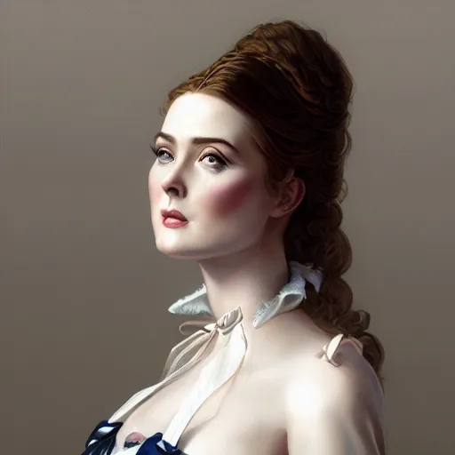 Prompt: a portrait of alexandra breckenridge as a french maid, urban motifs, intricate, elegant, highly detailed, digital painting, trending on artstation, concept art, smooth sharp focus, illustration, art by artgerm and greg rutkowski