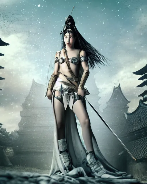 Image similar to full body portrait fashion editorial of beauty charming woman as a warrior godly princess in feudal japan making a sacrifice at the top of the Asian temple, clear makeup, clean hair, dry skin, clear skin, airbrushed, bright eye makeup, femine warrior body, photo by mario testino, 8k octane render, cinematic, hyper detailed, micro details, insanely detailed, trending on artstation, concept art, Peter Paul Rubens and Peter Mohrbacher style