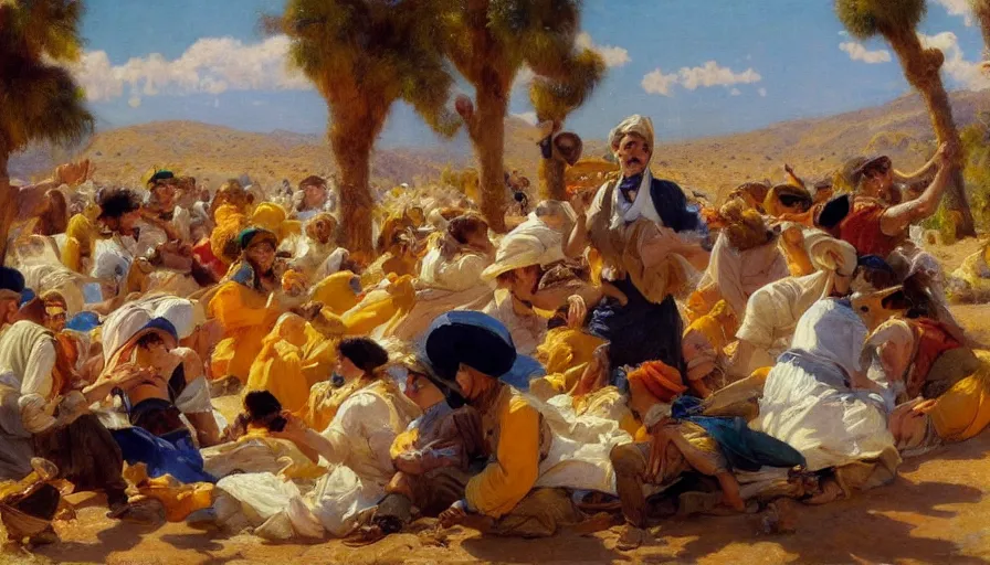 Prompt: detailed digital painting of a crowd of happy jews in the desert harvesting white manna, yellow orange and blue color scheme, painting by gaston bussiere, j. c. leyendecker 8 k