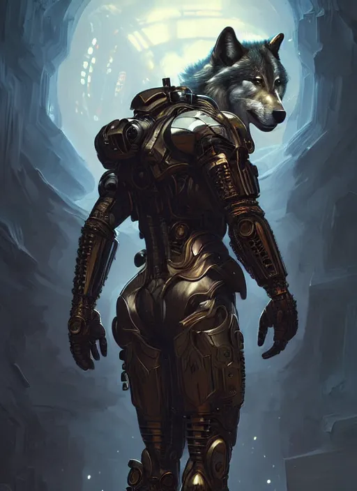 Image similar to portrait of a wolf, sci - fi armour, muscular! cyberpunk, intricate, elegant, highly detailed, digital painting, artstation, concept art, sharp focus, illustration, art by artgerm and greg rutkowski and alphonse mucha