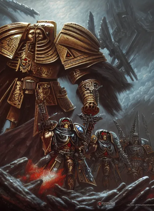 Image similar to wide shot of the emperor of mankind and horus, intricate, warhammer, warhammer 4 0 k, highly detailed, digital painting, concept art, sharp focus, illustration, muted colors, grim dark, moody, gloomy, art by john blanche, by pedro nunez, by jaime martinez, by nacho molina