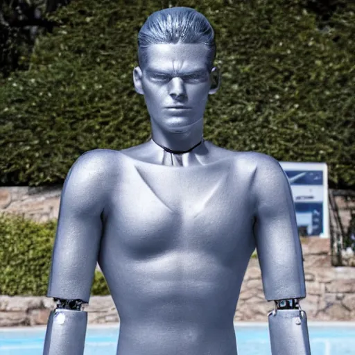 Image similar to made of ice, a realistic detailed photo of a guy who is an attractive humanoid who is half robot and half humanoid, who is a male android, on display, blank stare, showing off his muscles, shiny skin, posing like a statue, by the pool, frozen ice statue, f 1 driver max verstappen, humanoid robot