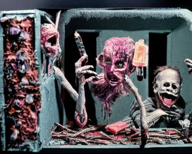 Image similar to still from a full - color 1 9 8 5 creepy live - action stop - motion puppetry film by the brothers quay in the style of a tool music - video, involving nails and soap, inside elaborate dioramas.