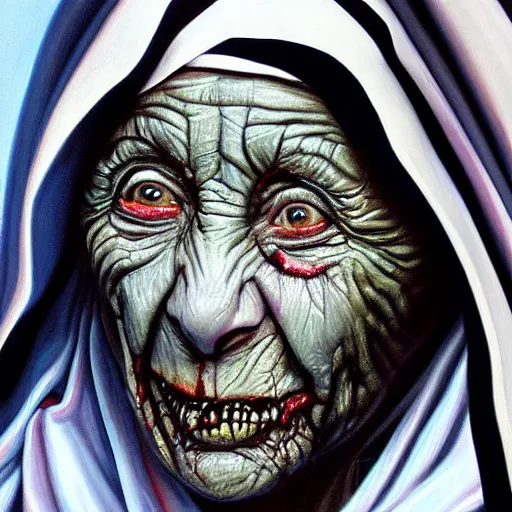 Image similar to a hyperrealistic painting of mother theresa as a zombie buy jason edmiston, hd, sharp focus,