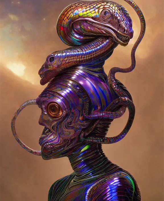 Image similar to intricate iridescent portrait of a disturbing beautiful alien snake creature, mottling coloring, adorable, childlike, medical equipment hospital environment, ultra realistic, concept art, art nouveau, photorealistic, octane render, 8 k, unreal engine. art by christopher marley and artgerm and greg rutkowski and alphonse mucha