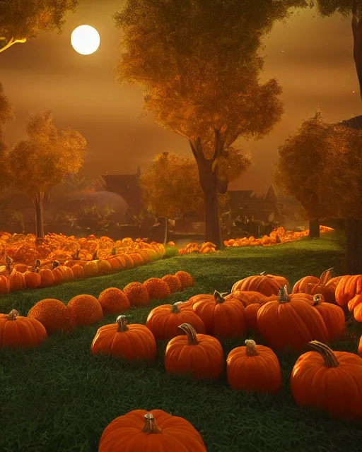 Prompt: a fantasy landscape of a pumpkin patch, bright full moon shining down moon beams, a lush garden, orange pumpkins, trending on artstation, volumetric lighting, hyper detailed, intricate, ornate, ray tracing, 8k