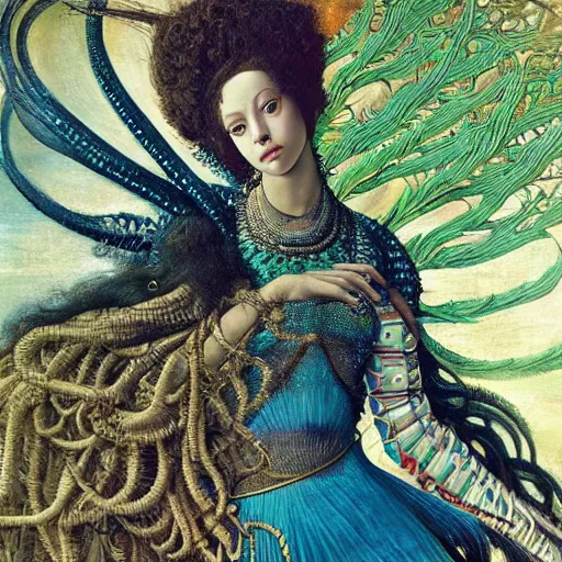 Prompt: intricate detail, hyper detail, african sybil, lady of elche techno mystic princess intergalactica, wearing labradorite full body armor,, hazel green eyes, thick teal eyebrows, with aqua neon rapunzel dreadlocks, detailed, by sandro botticelli, gaston bussiere, h. r. giger, masterpiece, sharp focus,