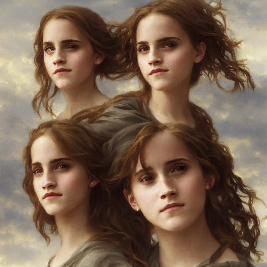 Image similar to Painting of Emma Watson as Hermione Granger. Prisoner of Azkaban. Cheerful. Happy. Art by william adolphe bouguereau. During golden hour. Extremely detailed. Beautiful. 4K. Award winning.