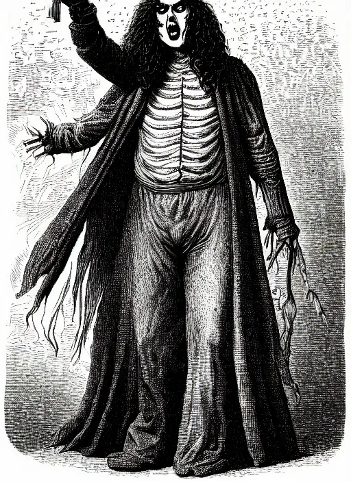 Image similar to illustration of weird al yankovic as a demon from the dictionarre infernal, etching by louis le breton, 1 8 6 9, 1 2 0 0 dpi scan, ultrasharp detail, clean scan