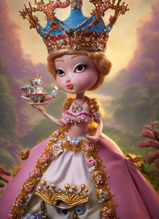 Image similar to highly detailed closeup, profile portrait of a tin toy fairytale princess wearing a crown, bikini, unreal engine, nicoletta ceccoli, mark ryden, earl norem, lostfish, global illumination, detailed and intricate environment