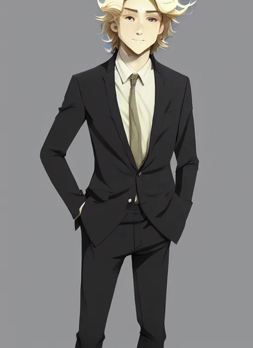 Image similar to young man with medium - length, curly, golden hair, perfectly proportioned face, aquamarine eyes, sweet smile, wearing a black suit, natural lighting, path traced, highly detailed, high quality, animation art, digital painting, by new haicheng and studio ghibli