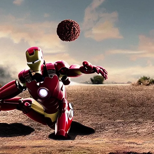 Image similar to an film still of ironman stopping giant rusty ball hit the earth, cinematic, heroic scene